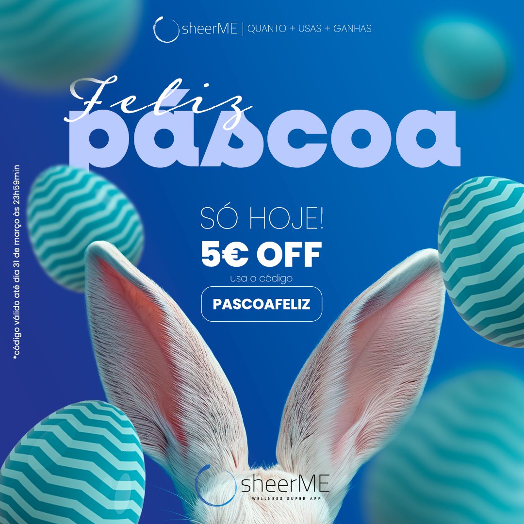 📣 ESPECIAL PÁSCOA! Aproveita Já 5€ de desconto com o código PASCOAFELIZ!💙
 
Faz já a tua marcação 👉🏻 bit.ly/sheerME_AppDow…

*Código válido até 31 de março 2024 às 23h59min para uma utilização.