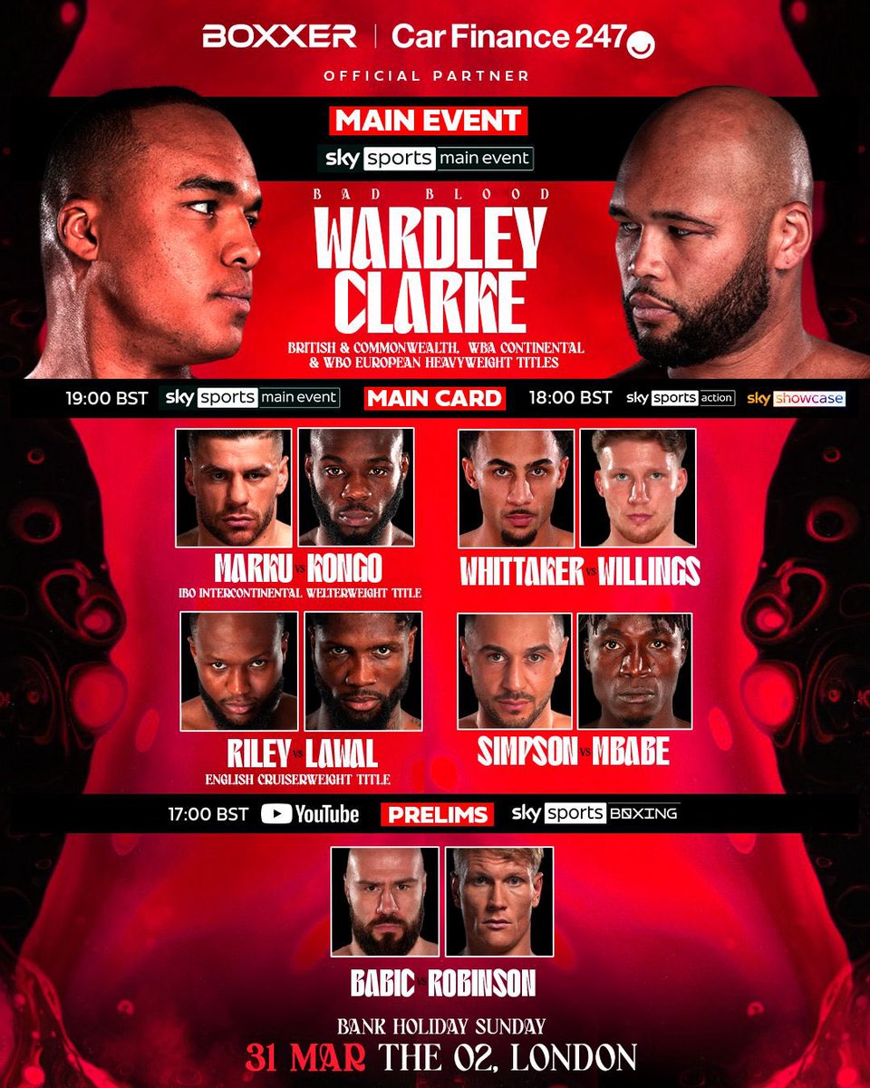 Tonight’s 𝐑𝐮𝐧𝐧𝐢𝐧𝐠 𝐎𝐫𝐝𝐞𝐫 📝 Following on from the Man City v Arsenal game, stick around for a fully stacked card 🩸⚽️ Main Event ring walks expected from 8:30pm 👊 #WardleyClarke | 31.03.24 | @SkySportsBoxing | @peacock