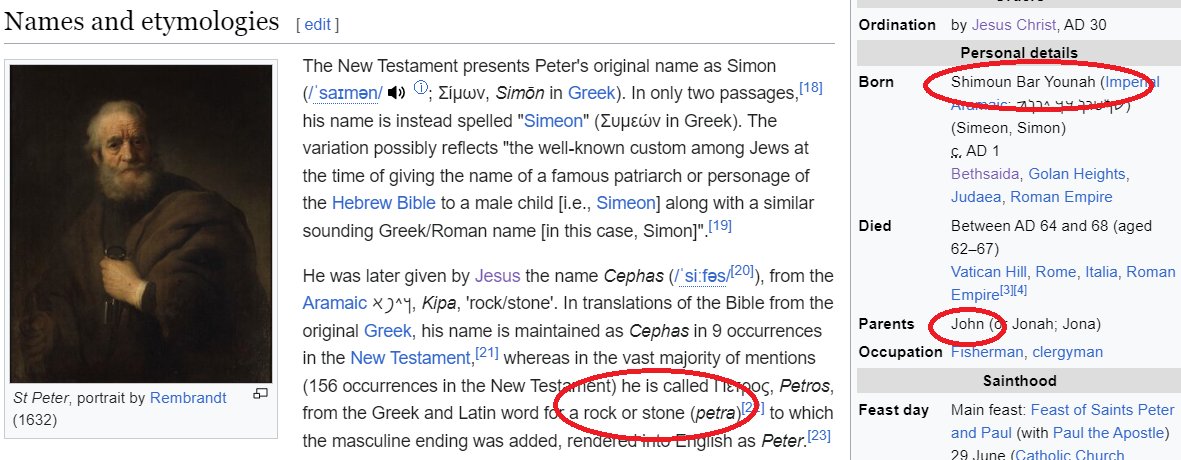 According to the biblical story, Jesus's right hand man was Shimoun bar Younah (Simon, son of John). And he was given the nickname Cephas = Petrus, which wasn't at that time a common name. The first Catholic pope was 'The Rock' Johnson.