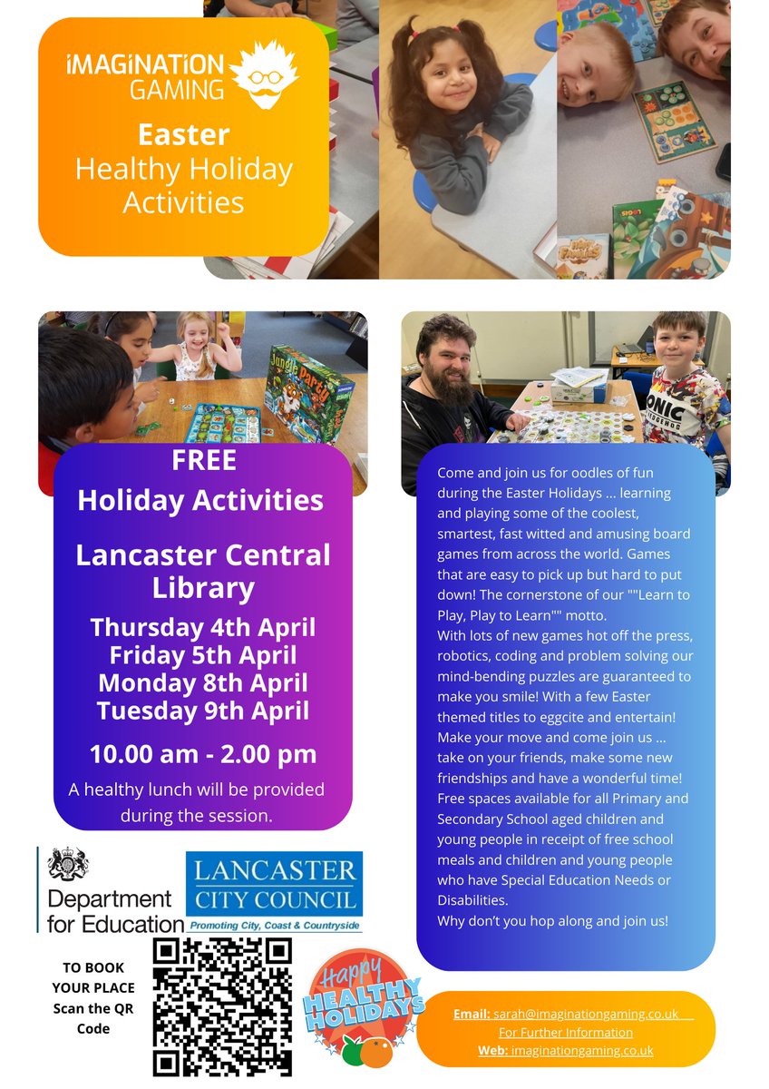 We are coming to Lancaster Library this Easter with a great selection of tabletop games that will have children of all ages & abilities, smiling, laughing and having fun. All part of Lancaster Holiday Activities. Scan the QR code to book. @LancasterCC #haf #Easter #fun #play