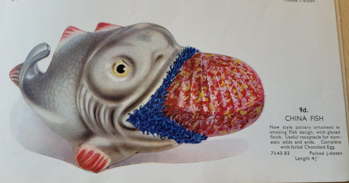 Happy Easter to those who celebrate! May your chocolate eggs be delivered to you in the mouth of an ornamental china fish doubling up as a recepticle for household odds and ends, as in this 1930s Rowntree Easter catalogue.