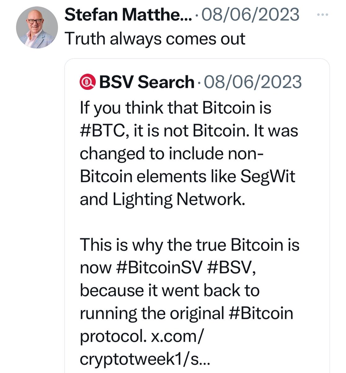 agerhanssen's tweet image. Stefan Matthews @TurkeyChop on twitter 8/6-2023 “truth always comes out”

The recently unveiled truth in the identity trial COPA vs @Dr_CSWright @TurkeyChop confirms the deception was architected by @Dr_CSWright, with your and @CalvinAyre active support,

It's appalling to think