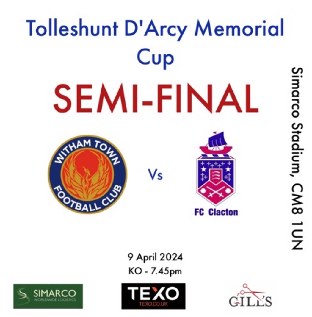 WithamTownFC (@withamtownfc) on Twitter photo Witham Town 1st team play <a href="/FC_Clacton/">FC Clacton</a> in the semi-final of the Tolleshunt Darcy Memorial cup on Tuesday 9 April.
KO - 7.45pm.
Admission prices
- £6 Adult
- £3 concession
- U16 free with a paying adult.
Let’s get behind the boys!
#UpTheTown Witham Town 1st team play <a href="/FC_Clacton/">FC Clacton</a> in the semi-final of the Tolleshunt Darcy Memorial cup on Tuesday 9 April.
KO - 7.45pm.
Admission prices
- £6 Adult
- £3 concession
- U16 free with a paying adult.
Let’s get behind the boys!
#UpTheTown