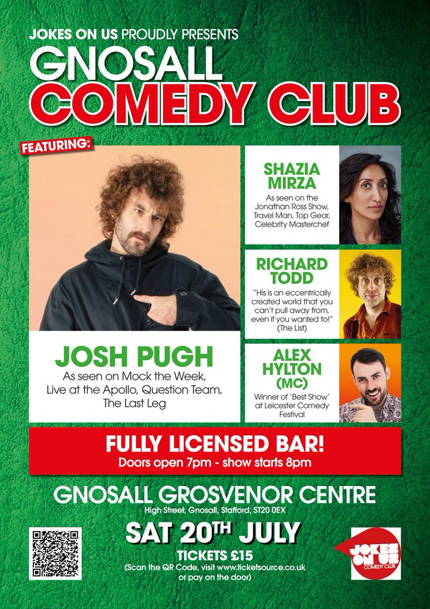 GNOSALL COMEDY CLUB Tickets now on sale for the next edition of Gnosall Comedy Club - featuring Josh Pugh, Shazia Mirza and Richard Todd! TV comics in a great local venue. Don't miss out on a great night out in the community. Get Your Tickets Here: ticketsource.co.uk/jokes-on-us/t-…