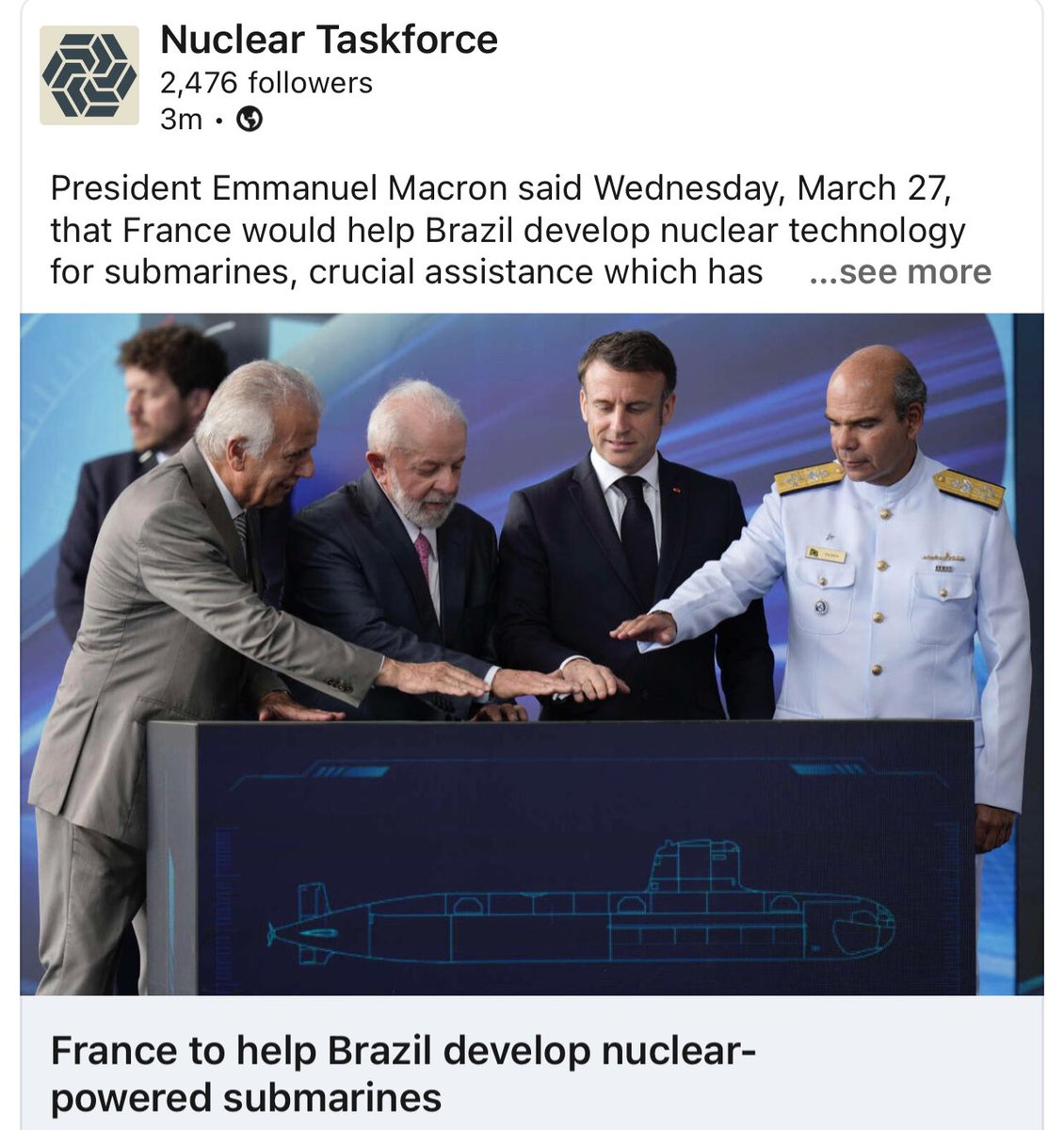 #Nuclear The French naval defense manufacturer Naval Group is supporting the design and construction of the submarine, except for the nuclear boiler which is being designed by the Brazilians.