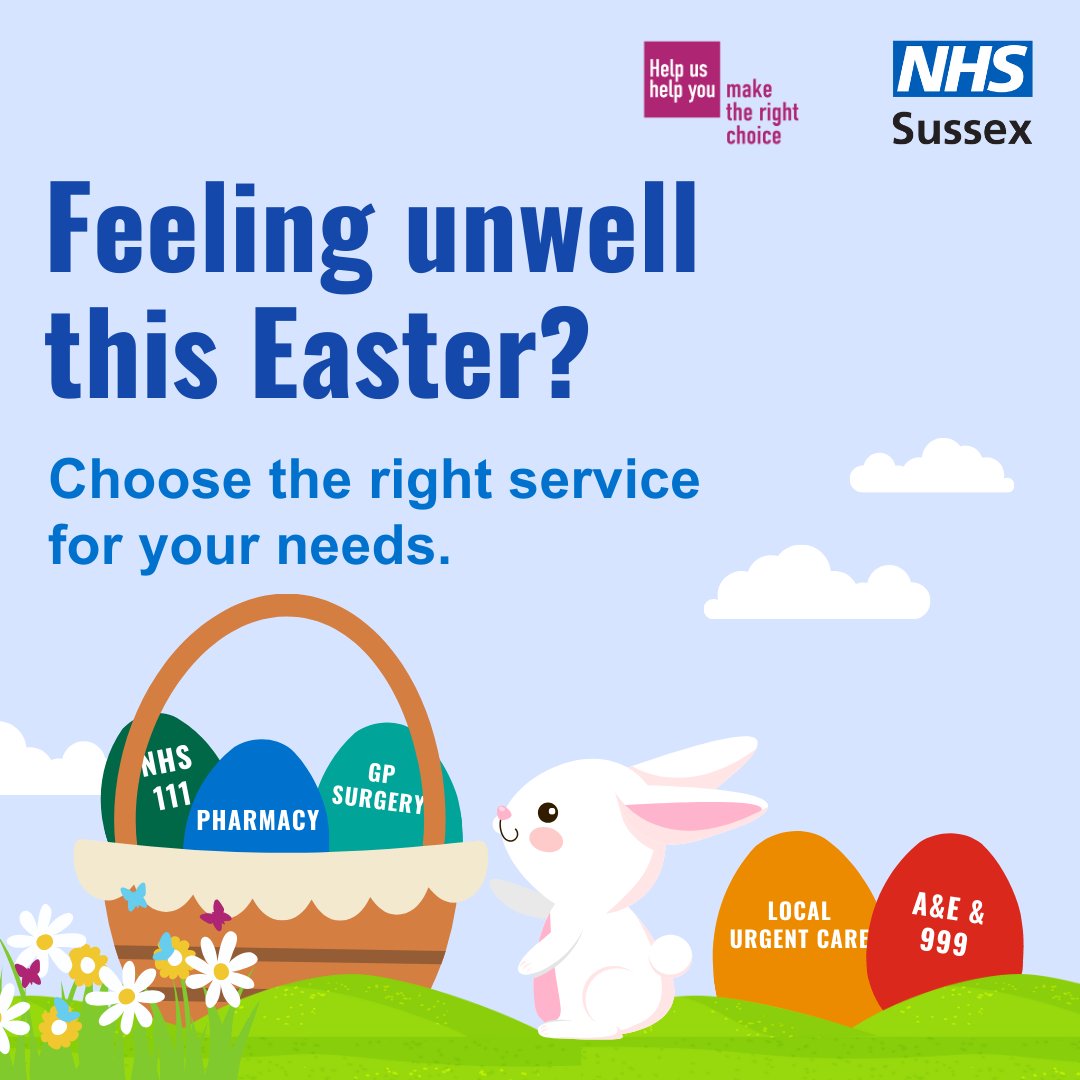 We hope you're having an egg-cellent Easter 🐣 If you are feeling unwell, there are a number of services that can help you: ow.ly/ej9P50R32bQ Unsure what to do? Go online to 111.nhs.uk or call 111 for advice.