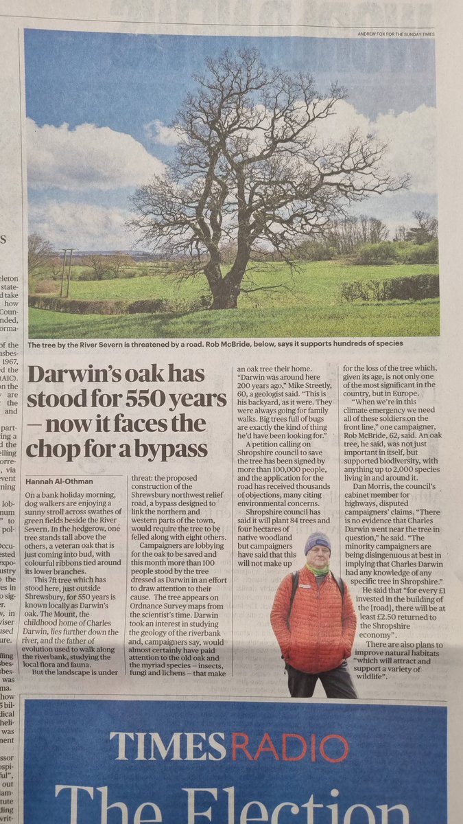 Great to see this in The Sunday Times today! @DRobertson_Star @JBuckleyLabour @JulianDean99 @mrrobwilson @TransportActio2 @XRShrewsbury @cpreshropshire @WoodlandTrust @EnvAgency @NaturalEngland @ChrisGPackham @patrick_barkham #Shrewsbury #SaveTheDarwinOak