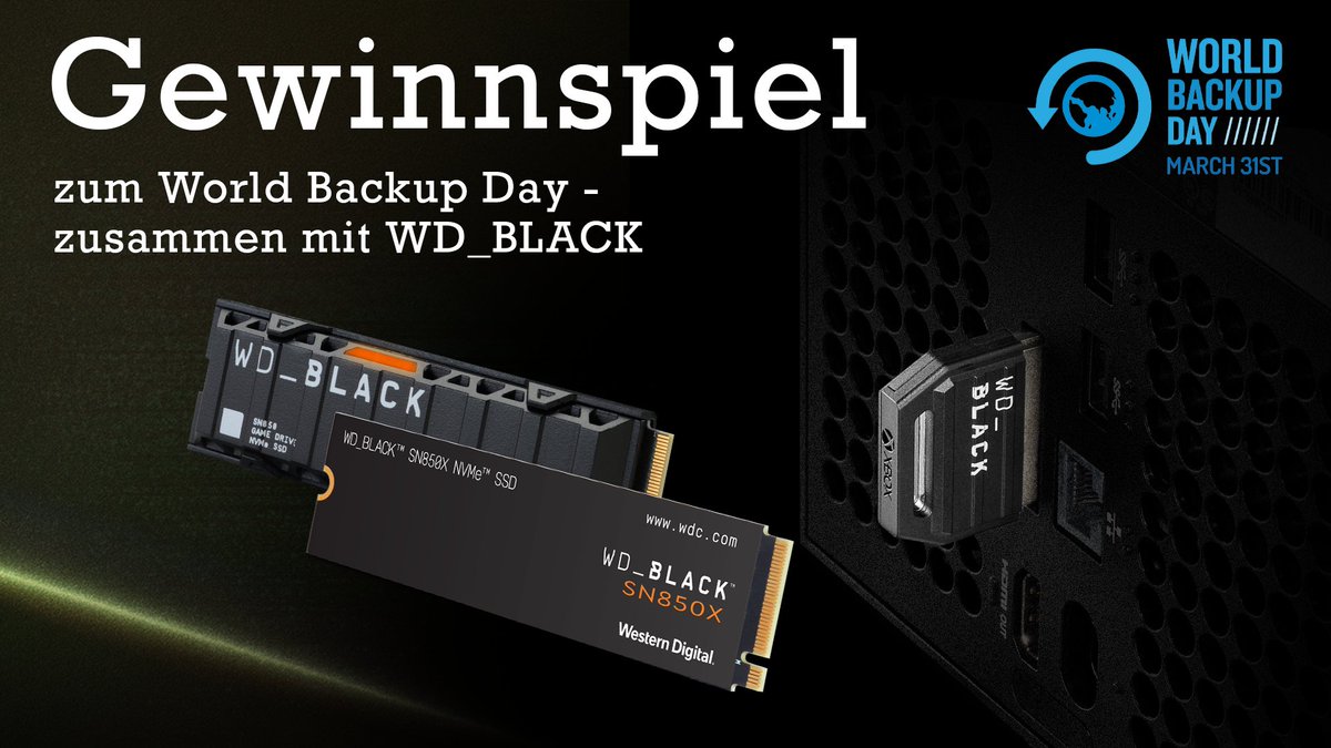 GamePassDACH's tweet image. GEWINNSPIEL 💾

Zum World Backup Day verlosen wir mit @WD_BLACK 3x C50 1TB - Xbox, 2x SN850 2TB - PC (HS), 2x SN850x 2TB - PC (ohne HS)

So macht ihr mit:
1. @PCGamePass_DACH  &amp;amp; @XboxDACH &amp;amp; @wd_black folgen✅
2. Post liken❤️ + RT🔁

Viel Erfolg!🍀

TNB: xbox.com/de-DE/promotio…