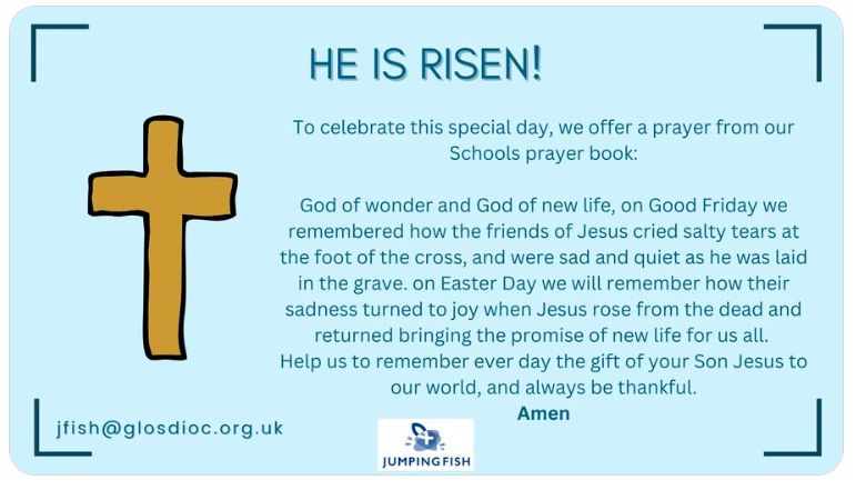 JumpingFish10's tweet image. HE IS RISEN! HAPPY EASTER!
To celebrate Easter, we offer a prayer from our Schools prayer book. May it bring you joy this Easter time! @glosdiocschools @GlosDioc @BishGloucester @bptewkesbury