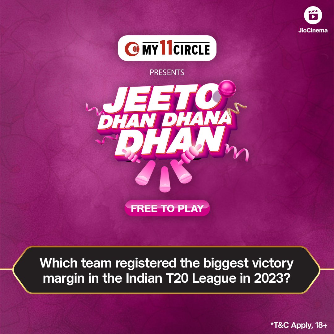 It's 𝚏̶𝚞̶𝚗̶ win time 🤩 Answer questions every over and stand a chance to win cars, bikes, smart TVs, and much more with the #JeetoDhanDhanaDhan contest only on #JioCinema 😎 Keep playing & don't forget to make your team on @my11circle app! 📱 *T&C Apply, 18+