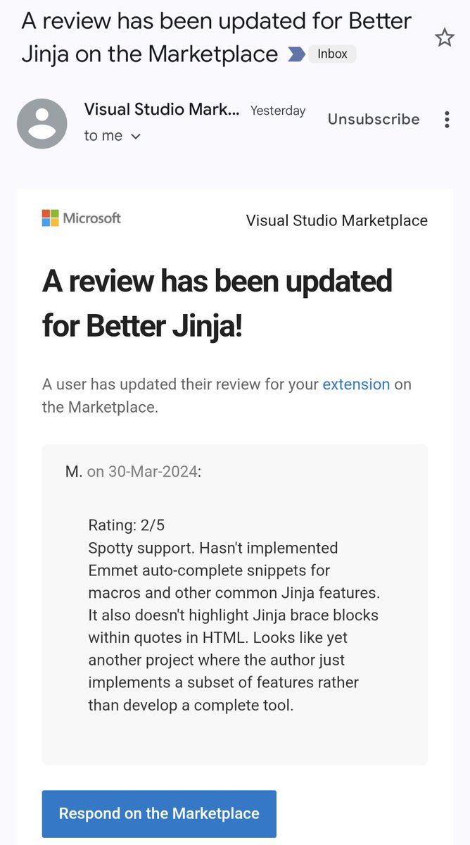 Fuck you @Microsoft @code. Reviews of open source software are a big mistake. I maintain a vscode plugin for jinja templates (because I wanted one 5 years ago) it has 780k installs. I no longer use vscode, but I've worked on or accepted PRs to support 20+ languages. I get the…