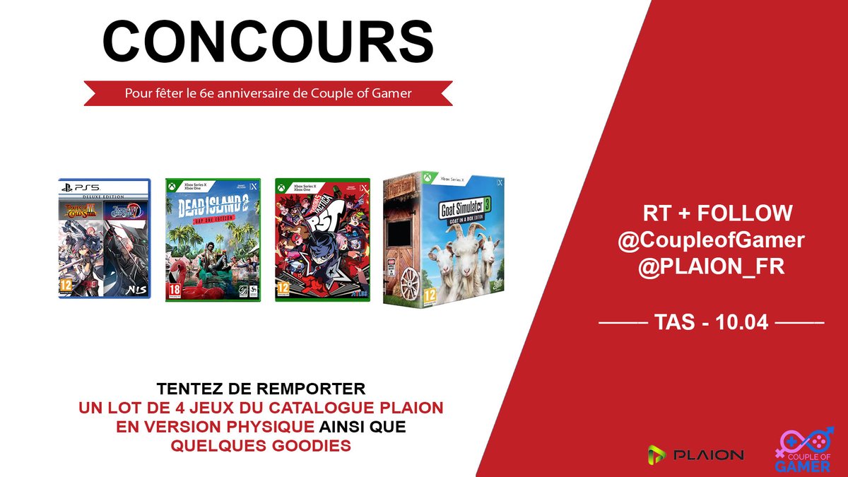#Concours

Pour fêter nos 6 ans

On vous fait gagner P5T, Goat Simulator 3 Goat in a Box Edition, Dead Island (#Xbox) et ToCS 3 et 4 (#PlayStation5) en version physique

Pour participer RT + Follow
<a href="/CoupleOfGamer/">Couple of Gamer</a> + <a href="/PLAION_FR/">PLAION France 🎮</a>

TAS le 10/04

🍀Bonne chance🍀 
#CoG