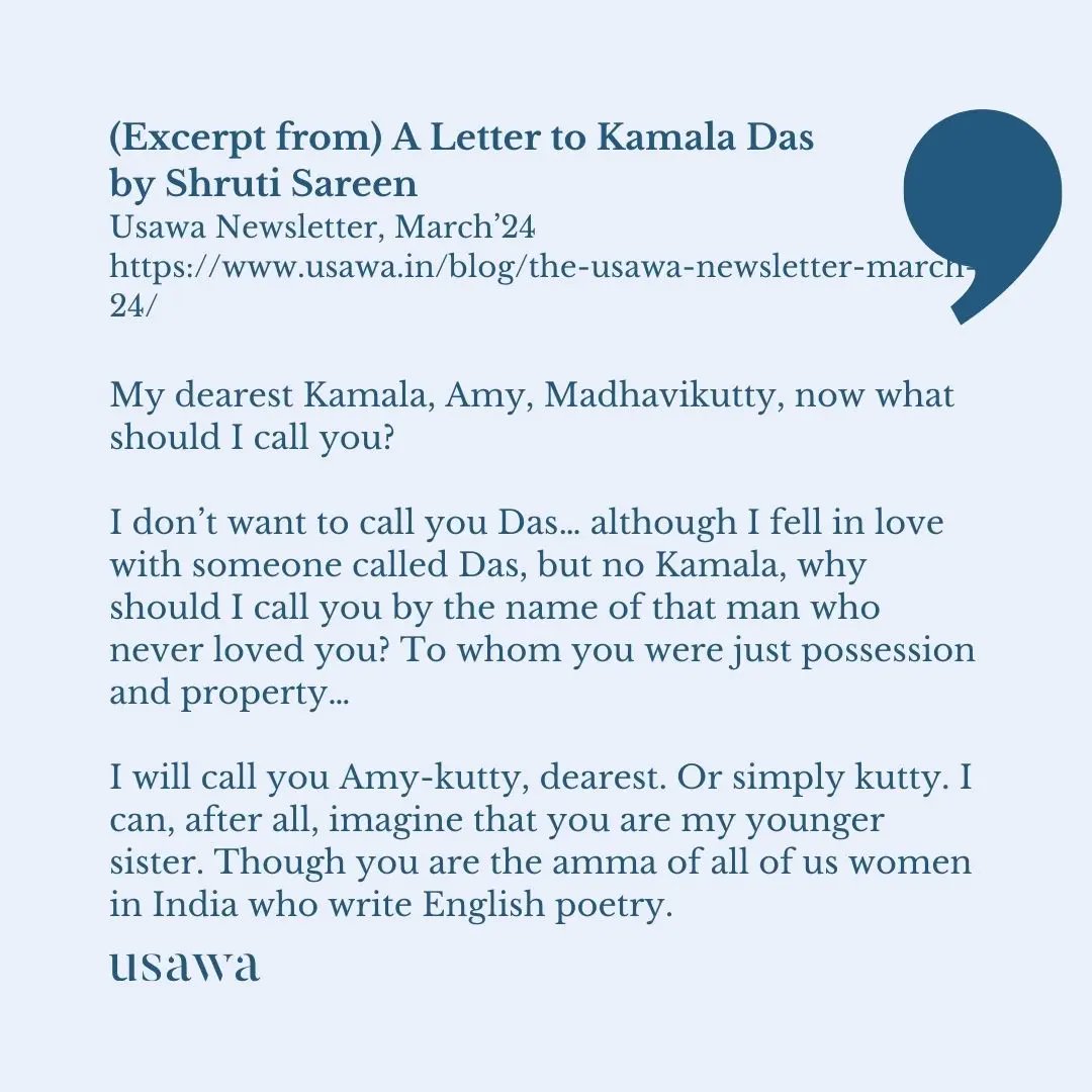 Remembering Kamala Das: The Amma of Indian English Poetry, a voice of strength and tenderness.
 
(Excerpt from) A Letter to Kamala Das by Shruti Sareen
Usawa Newsletter, March’24 
usawa.in/blog/the-usawa…

#kamaladas #womenpoets #literarylegacy #usawaliteraryreview