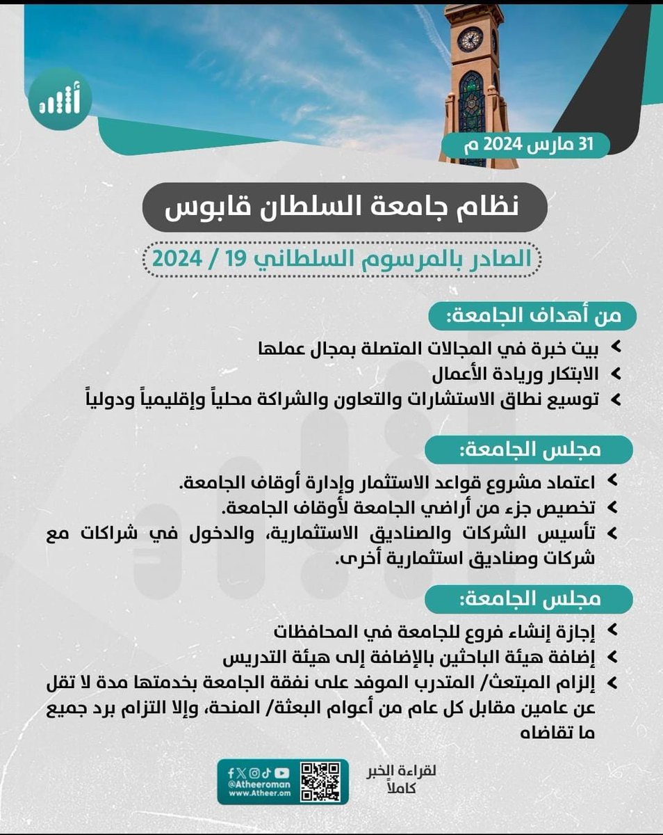 msd99509559's tweet photo. من أهم مستجدات نظام جامعة السلطان قابوس (مزامنة سلك الباحثين بجانب السلك الأكاديمي ما يومي لاهتمام نوعي بالبحث العلمي، وكذا إنشاء فروع للجامعة بالمحافظات ما يؤسس لمرحلة مستقبلية مرنة للتكوين العلمي والعملي النوعي بالسلطنة) https://t.co/x7biKwmPqO
