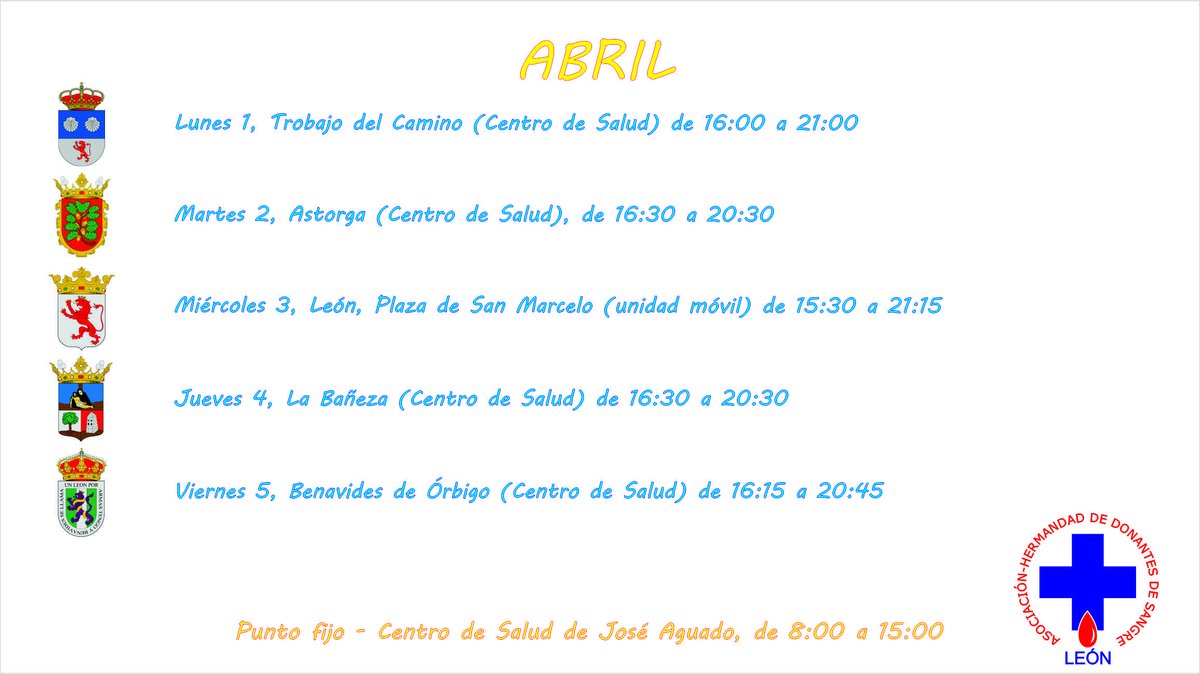 Dona sangre esta semana en Trobajo del Camino, <a href="/AytoAstorga/">Ayuntamiento de Astorga</a>, Plaza de San Marcelo en #LeonEsp, <a href="/ayto_labaneza/">Ayuntamiento La Bañeza</a> y Benavides de Órbigo