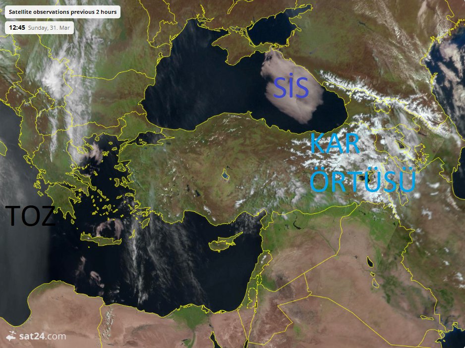Son uydu görünümünde O. Akdeniz üzerinden ülkemize ziyaret için Balkanlar'a giriş yapmış K. Afrika'dan havalanmış çöl tozlarının yanısıra Karadeniz'in kuzeydoğusunda sis ve D. Anadolu'daki kar örtüsü göze çarpıyor.