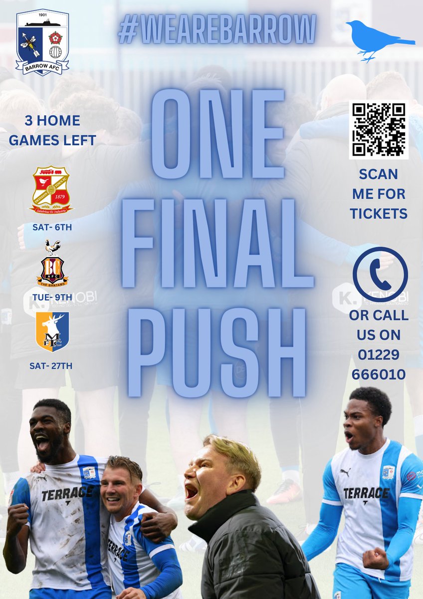 𝗢𝗻𝗲 𝗙𝗶𝗻𝗮𝗹 𝗣𝘂𝘀𝗵 💪

It's been a special season so far and the lads need you now more than ever to get behind them and push them over the line 🏁

Get tickets for our remaining home games here ⬇️

👉 bit.ly/3NZ0Dc3

#WeAreBarrow