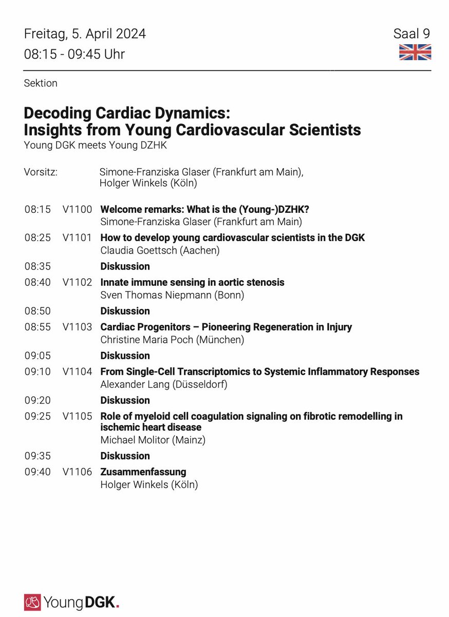 🔍 Dive into cardiac dynamics with insights from young cardiovascular scientists! 🇬🇧 📌Friday, April 5th, 08:15-09:45, in Saal 9 🚀🔬Young DGK meets Young DZHK #DGKJahrestagung #dgk2024jt @YoungDZHK @SFG_Ffm @WinkelsLab @S_Niepmann @MichaelMolitor6