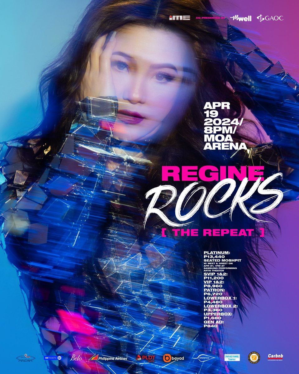REGINE ROCKS THE REPEAT APRIL 19, 2024 | 8PM SM Mall of Asia Arena 🎫 smtickets.com/events/view/12… 🎫 @smtickets outlets nationwide #RegineRocksTheRepeat #RegineAtMOAArena #ChangingTheGameElevatingEntertainment
