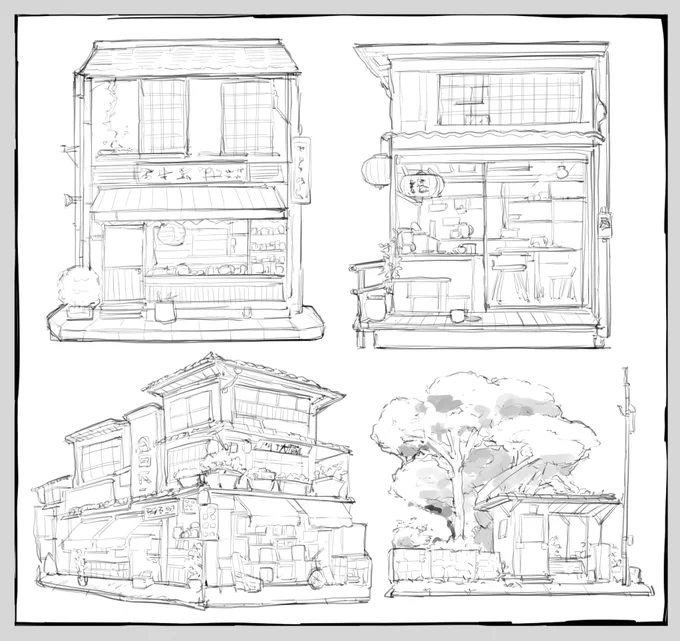 建物色々参考にして落書き_(┐「ε:)_ 細々したの描くの楽しい 