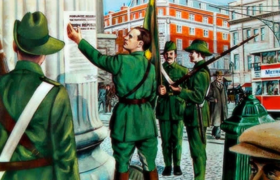 At 4 minutes past noon on Easter Monday 1916, Pádraig Pearse walks onto O’Connell Street in Dublin and reads the Proclamation on behalf of the Provisional Government, proclaiming the whole of Ireland as a Sovereign Independent Republic.

Our National Flag is raised above the GPO.