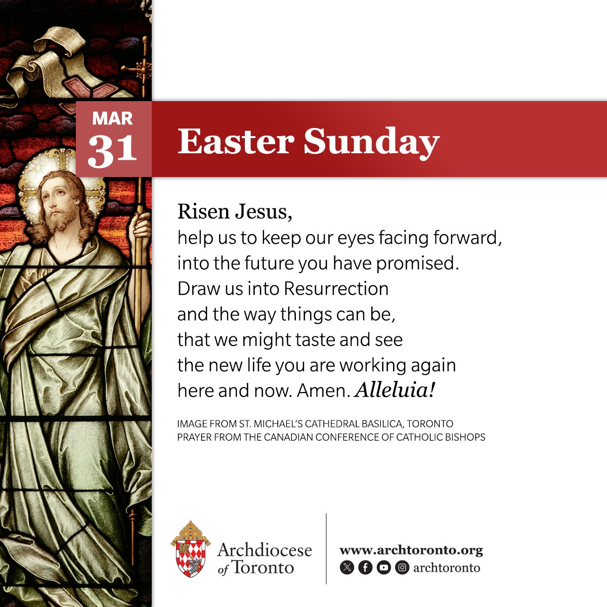 Risen Jesus, help us to keep our eyes facing forward, into the future you have promised. Draw us into Resurrection and the way things can be, that we might taste and see the new life you are working again here and now. Amen. Alleluia! @CCCB_CECC #catholicTO