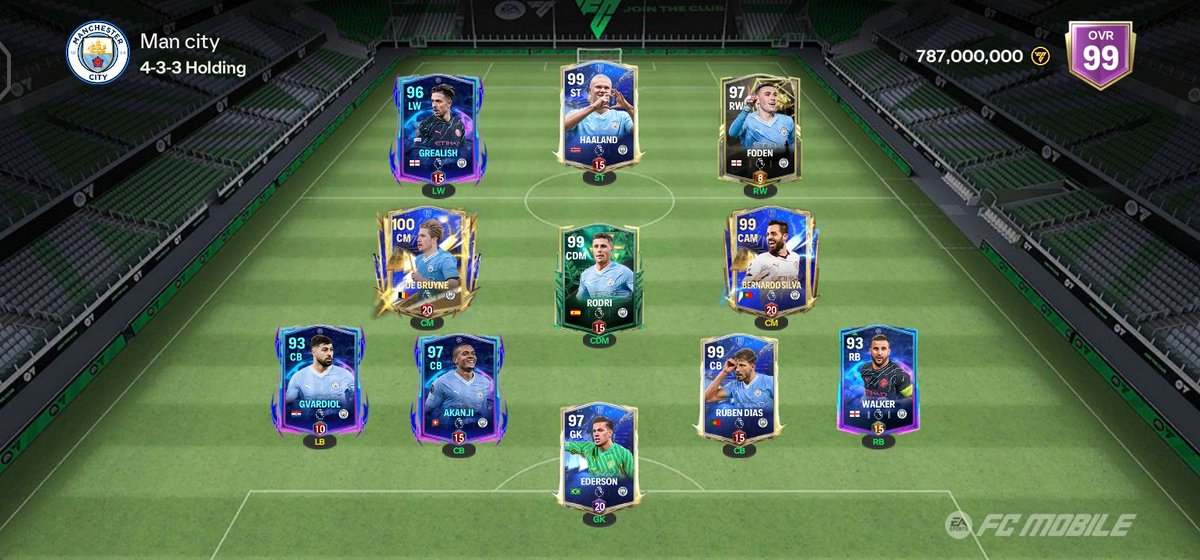 9️⃣9️⃣🎯💙🫶 Man city themed squad If man city wins UCL then I will be automatically 100 ovr , thinking about buying toty rodri 95 CM version to keep Bernardo in position Any other suggestions 💙🫶💙