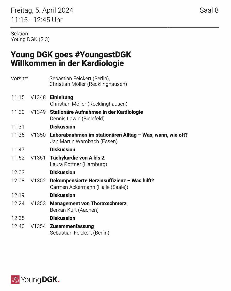 🌟#YoungestDGK aufgepasst! Willkommen in der Kardiologie - Aufnahmen, Herzrhythmusstörungen und dekompensierte Herzinsuffizienz: gewusst wie! 📅Fr, 5.4. 11:15-12:45, Saal 8 #DGKJahrestagung #dgk2024jt 💖🏥 @sebFeickert @ChrM1698 @DennisLawin @laura_rottner @BerkanKurtMD