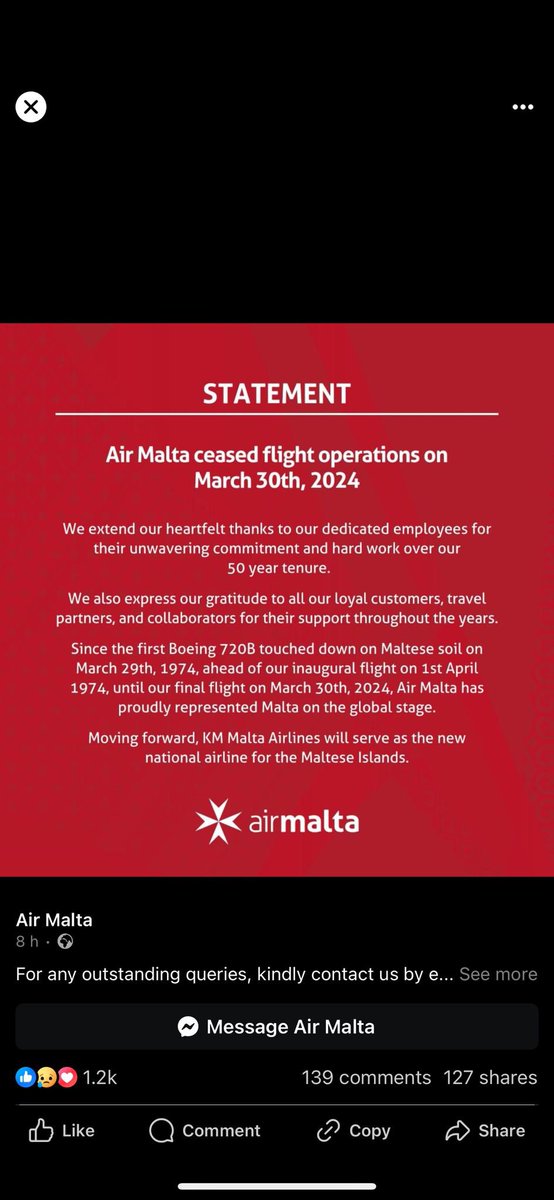 50 years after its 1st flight @AirMalta wraps up its last service to be replaced by @KMMaltaAirlines as the new national carrier for the Island #malta