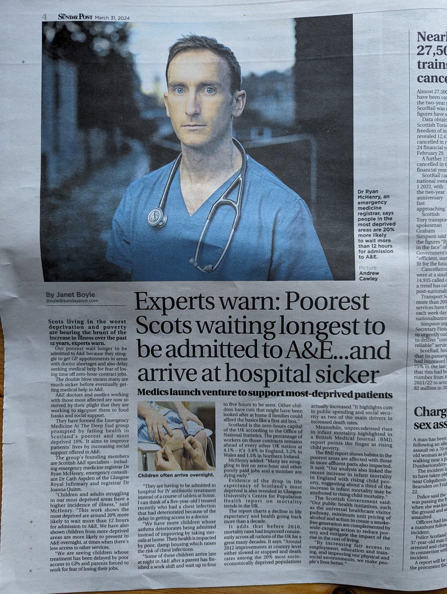 Emergency Medicine at the Deep End (@ematthedeepend) on Twitter photo The impact of health inequalities in emergency care, and the launch of <a href="/EMAtTheDeepEnd/">Emergency Medicine at the Deep End</a>, in today's <a href="/Sunday_Post/">The Sunday Post</a>.
With poorer access to care and greater severity of illness, Emergency Departments have a key role in mitigating the harms of social deprivation. The impact of health inequalities in emergency care, and the launch of <a href="/EMAtTheDeepEnd/">Emergency Medicine at the Deep End</a>, in today's <a href="/Sunday_Post/">The Sunday Post</a>.
With poorer access to care and greater severity of illness, Emergency Departments have a key role in mitigating the harms of social deprivation.