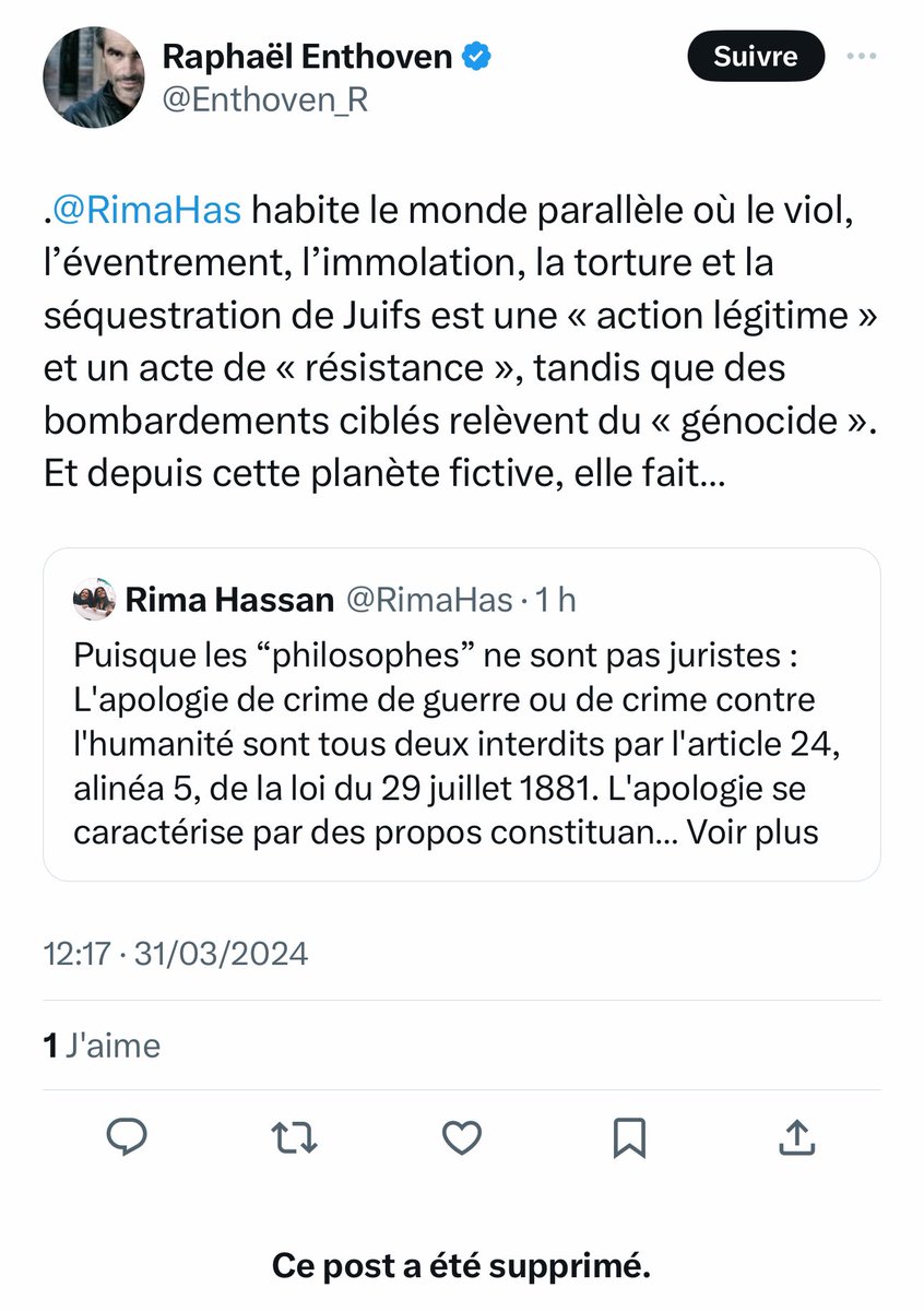 Puisque les “philosophes” ne sont pas juristes épisode 2  avec <a href="/Enthoven_R/">Raphaël Enthoven</a> : (je reprends ici ce que je dis depuis des mois tant certains sont frappés par la paresse intellectuelle) 👇

Il faut distinguer en droit international la question de la légitimité pour un groupe armé à
