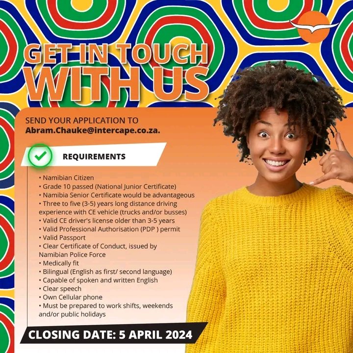 NthabelengDlam3's tweet photo. Intercape Namibia Is Hiring Professional Drivers!
if you're a Professional Driver, based in Windhoek, available for long distance intercity and charter trips.
SEND YOUR APPLICATION TO
Abram.chauke@intercape.co.za
Before the Closing Date: 5 April, 2024
#intercape #coachdrivers https://t.co/RaXdE0Uci4