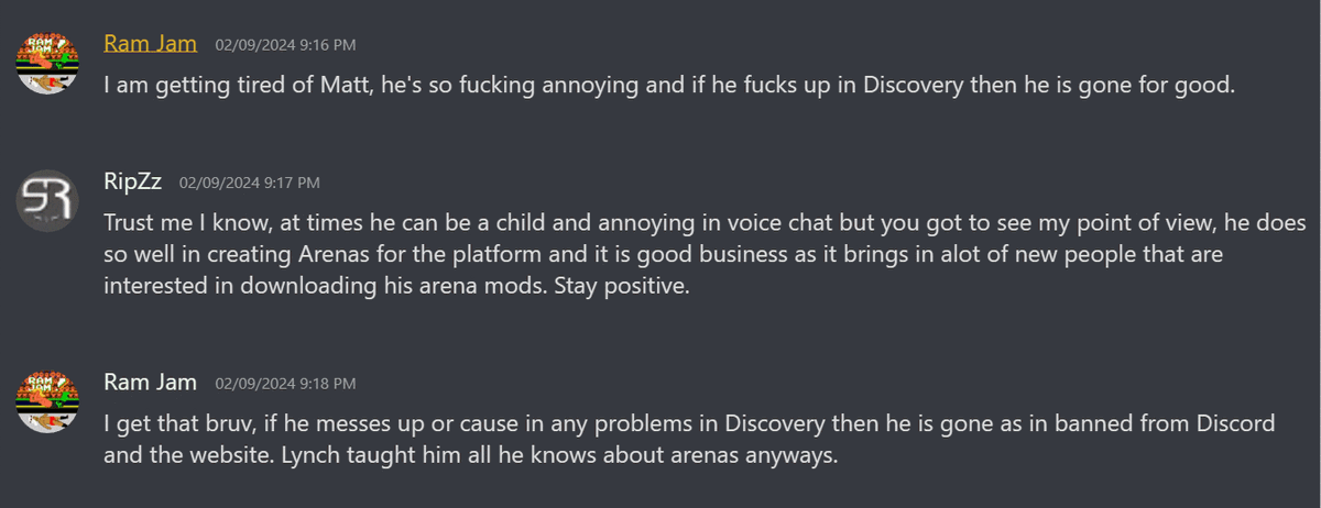 dotGrix's tweet photo. This will be the only time I address this. There is a user whose real account is nerdicorder. 

He was banned from both modding communities for harrassment, leaking, abuse, the list goes on. He has for the better part of 2 years created multiple accounts to harrass and abuse myself, @SixZzshOtRipZz @mattfick1 @titavius to the point of doxxing my personal instagram, that's how we know his (https://t.co/Yp1qWVShOG). 

Today I was shown images that he is now creating and disseminating fake chats of myself, @SixZzshOtRipZz @titavius and @mattfick1. I have attached samples below. 

We do not talk like this or hold those opinions (notice he forgot to change the text colour in the "RipZz dm"), anyone and everyone that follows or interacts with any of us know this anyway. If you are interested in how this is done, it is very simple unfortunately (@discord) https://t.co/MK5lG7Nmj3

So if you see any images like this under your replies, they are fake - they are also libel so this man child should be very careful. For those who are banned, associating with this kid doesn't help your case and is proof why some people should rightfully be removed from communities forever.