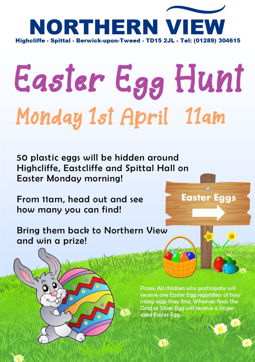 We hope you're all ready for tomorrow's Easter Egg Hunt! The eggs will be ready for collection from 11am. See how many you can find then bring them back to Northern View to claim your prize! Happy hunting! #BerwickUponTweed