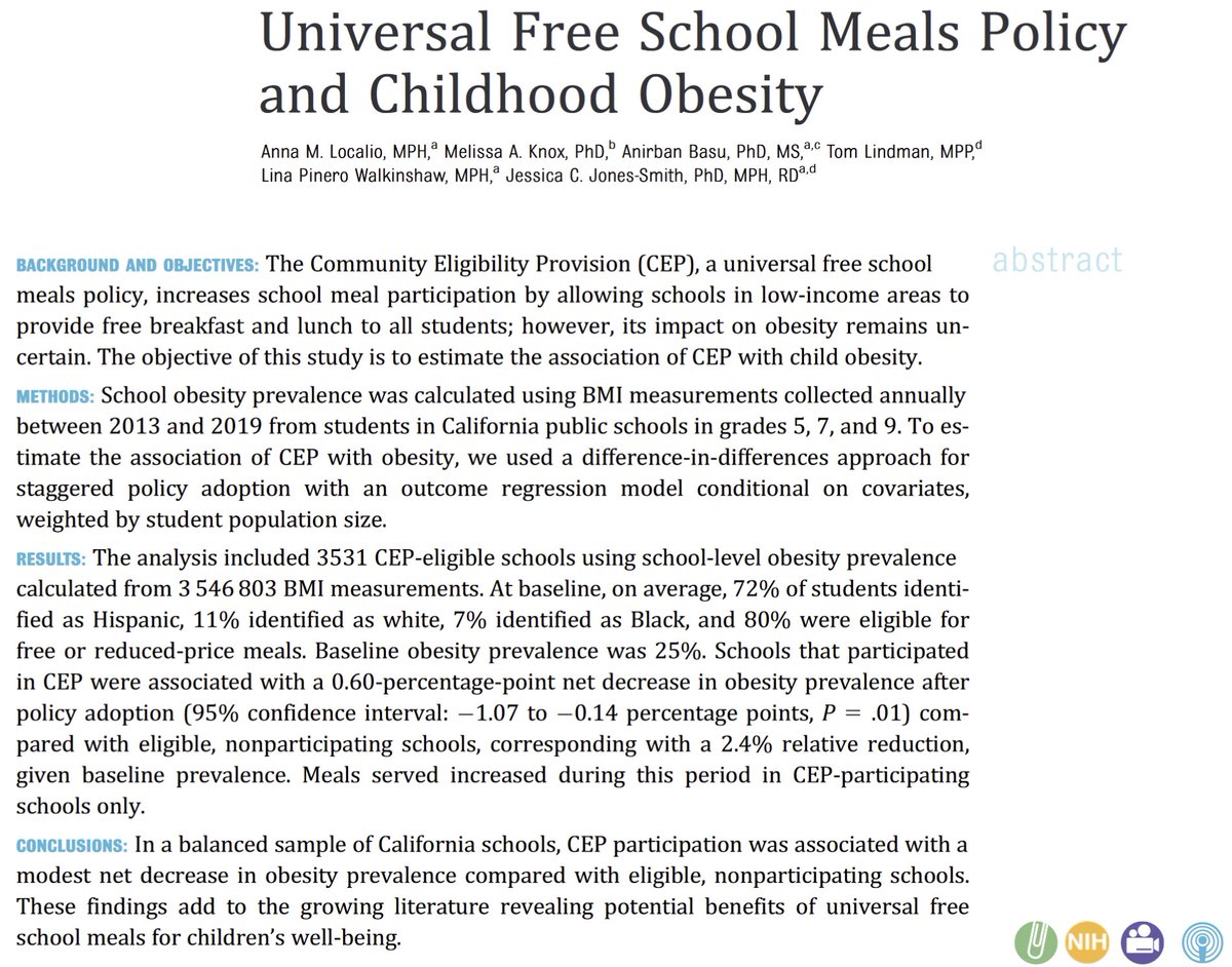 Participation in a US universal free school meals program was associated with a modest decrease in obesity prevalence among students at more than 3,500 California schools; the UK should act to provide universal free school meals for children’s well-being doi.org/10.1542/peds.2…