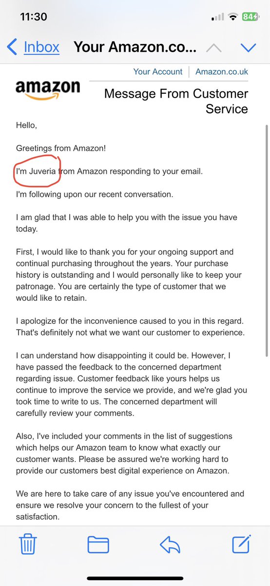 Floridacharger's tweet photo. @amazon Easter morning it took an hour and 15 mins, being transferred to 6 ppl before I got to Juveria who in 15 mins figured out how to help me. Transferring customers &amp; asking them to repeat 6x over what the problem is terrible @amazon customer service!! 1.5 hours of my life! https://t.co/4i7KlVaKsI