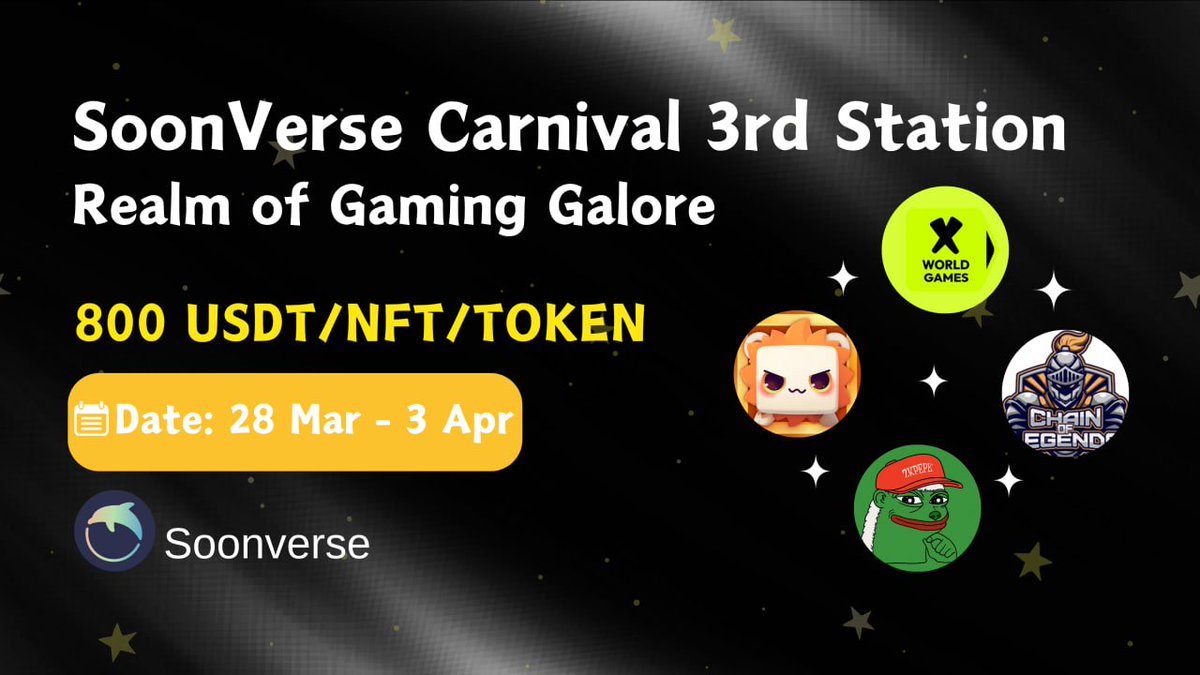 The #SoonVerse Carnival's grand spectacle is on its last leg! 🎉 Hop on to the 3rd Station - Realm of Gaming Galore with @chainoflegends, @masterpopgame, @xwg_games and @zkpepereal for the ultimate game-a-thon! 🎮🤖 🏆 800 USDT prize for 30 random winners! To enter: 1️⃣…