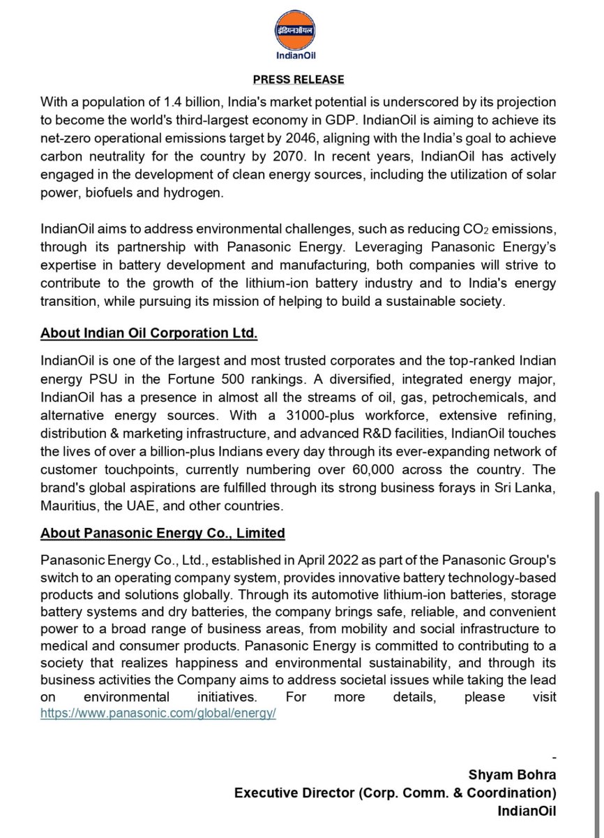 IndianOil and Panasonic Energy sign a Binding Term Sheet for Manufacturing Lithium-lon Cells in India ✅

#ioc #sabarisecurities