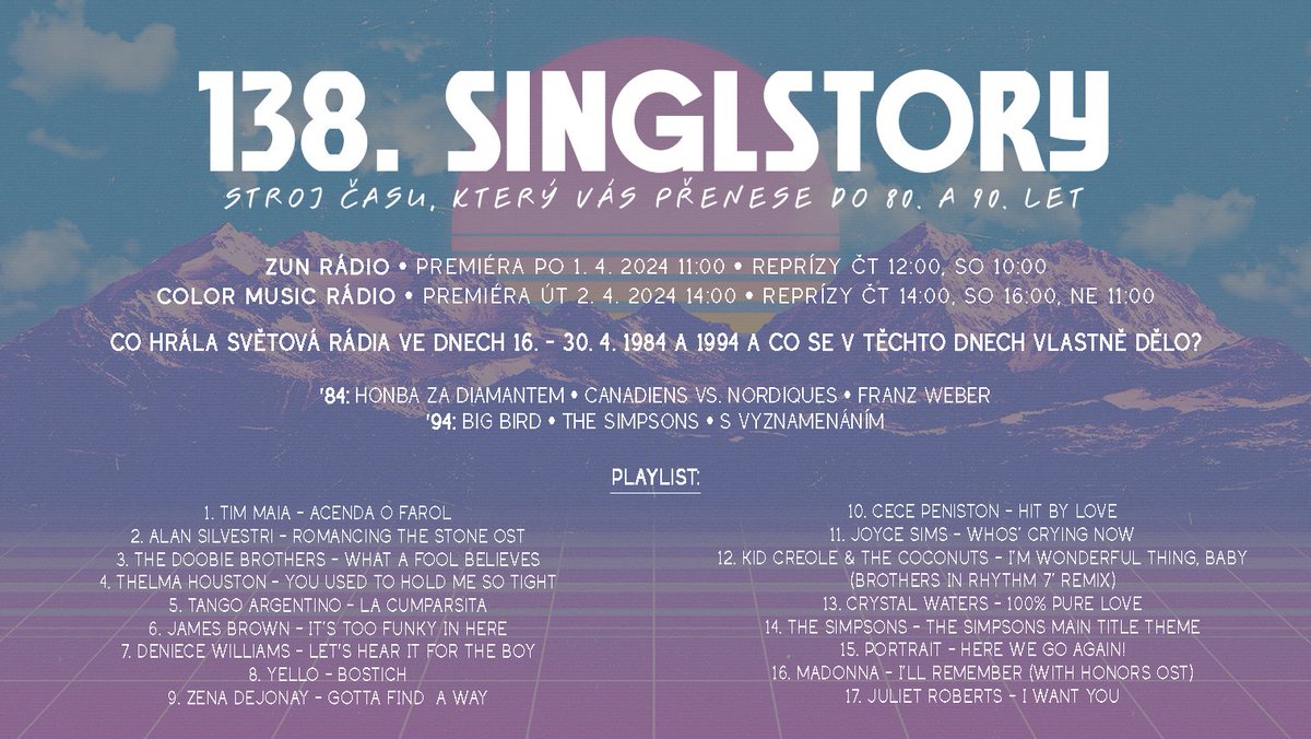 SinglStory's tweet photo. Nový výlet do #historie #80s a #90s se @singlstory již dnes v 11:00 na 🌊 @zunradio a v úterý ve 14:00 na 🌊 #ColorMusicRadio 📻 Těšíme se na vás!😎
#CrystalWaters #JoyceSims #retro #RomancingTheStone #MichaelDouglas #KathleenTurner https://t.co/08mQtpdT2F