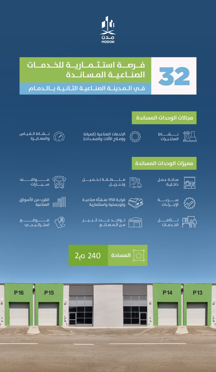 #مدن تطرح 32 وحدة مساندة جاهزة للاستثمار في المدينة الصناعية الثانية بالدمام، لدعم تكامل القطاعات اللوجستية والصناعية بالمنطقة الشرقية.

تقدم بطلبك الآن:

Partner.modon.gov.sa