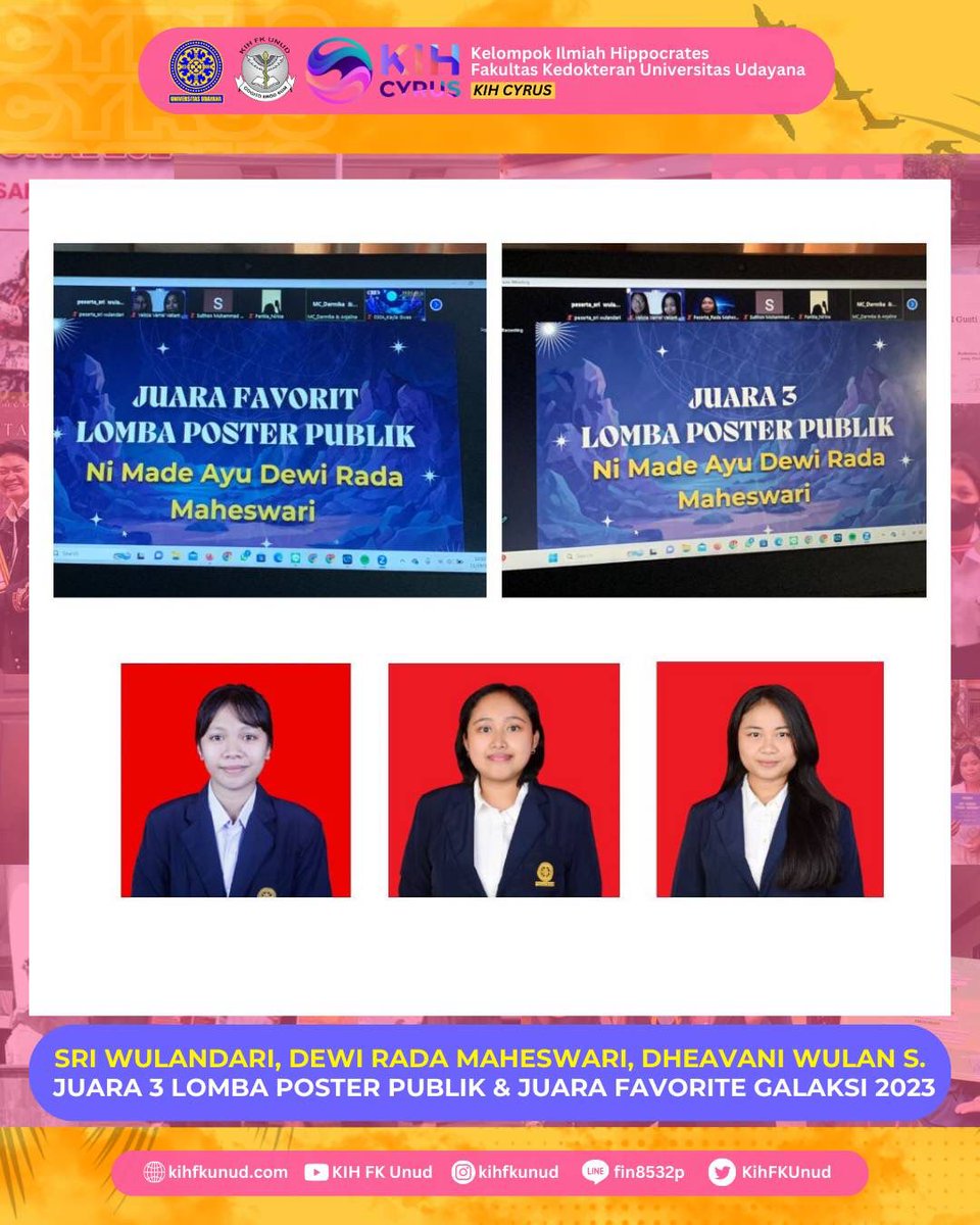 KIH FK Unud mengucapkan selamat atas prestasi yang telah diraih oleh: 

1. Made Sri Wulandari (AI 19), Ni Made Ayu Dewi Rada Maheswari (AI 19), Ni Putu Dheavani Wulan Sawitri (AI 19)
🎖Juara 3 Lomba Poster Publik &amp; Juara Favorite GALAKSI 2023 Universitas Udayana