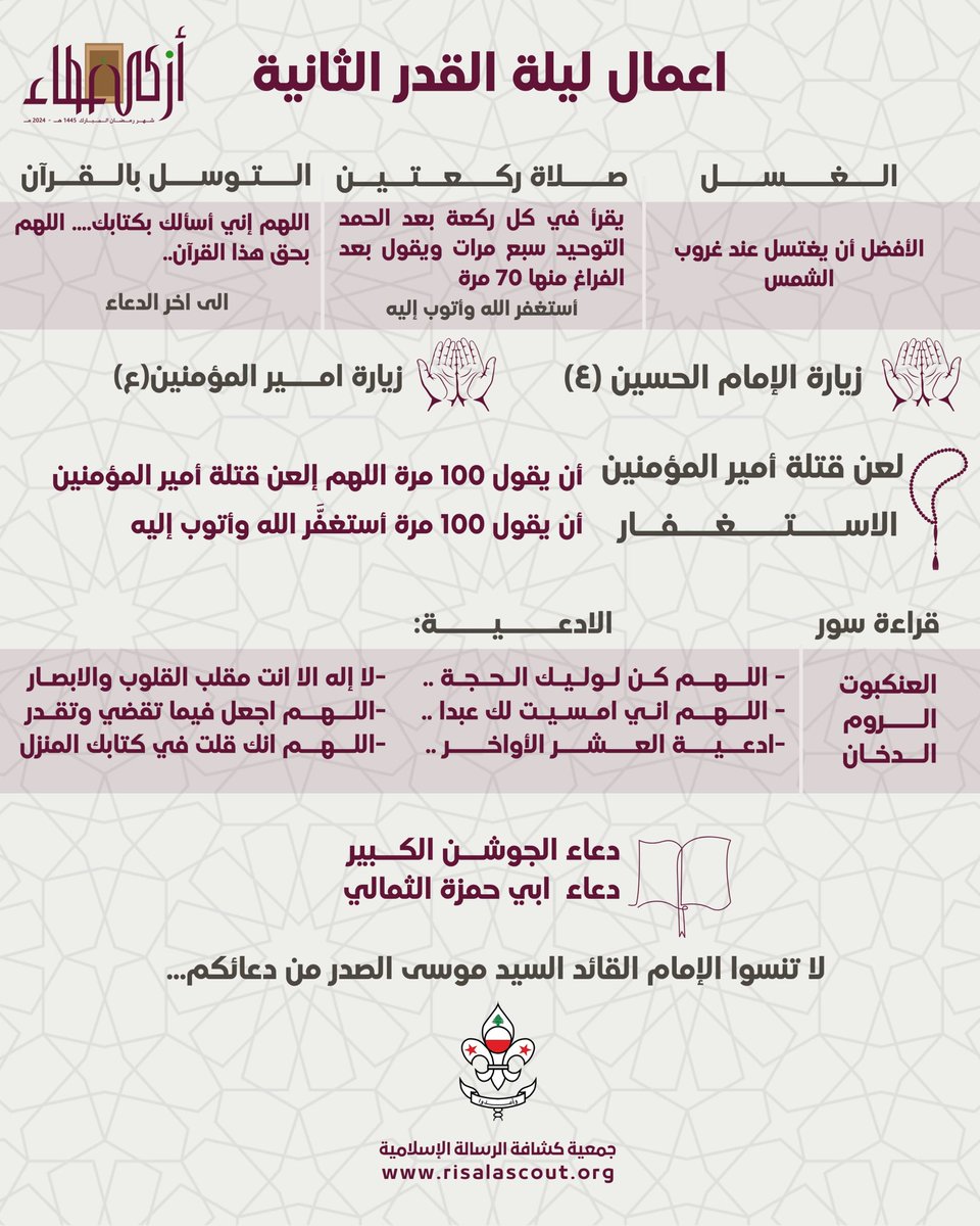 اعمال ليلة القدر الثانية
لا تنسوا الإمام القائد السيد موسى الصدر من دعائكم
#أزكى_عطاء
#جمعية_كشافة_الرسالة_الإسلامية