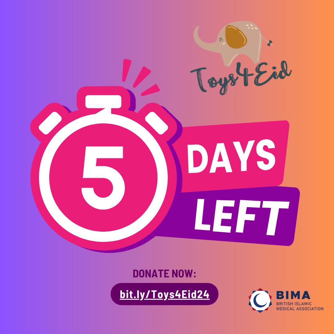 5 DAYS LEFT TO DONATE! ⭐ This Eidul Fitr 2024, help us deliver toys to children in hospitals across the UK. Buy the toy you'd like to donate via the hospital's Amazon wishlist. 🔗 bit.ly/Toys4Eid24 🧐Deadline: 5/4/24 We need your help; please help us spread the word!