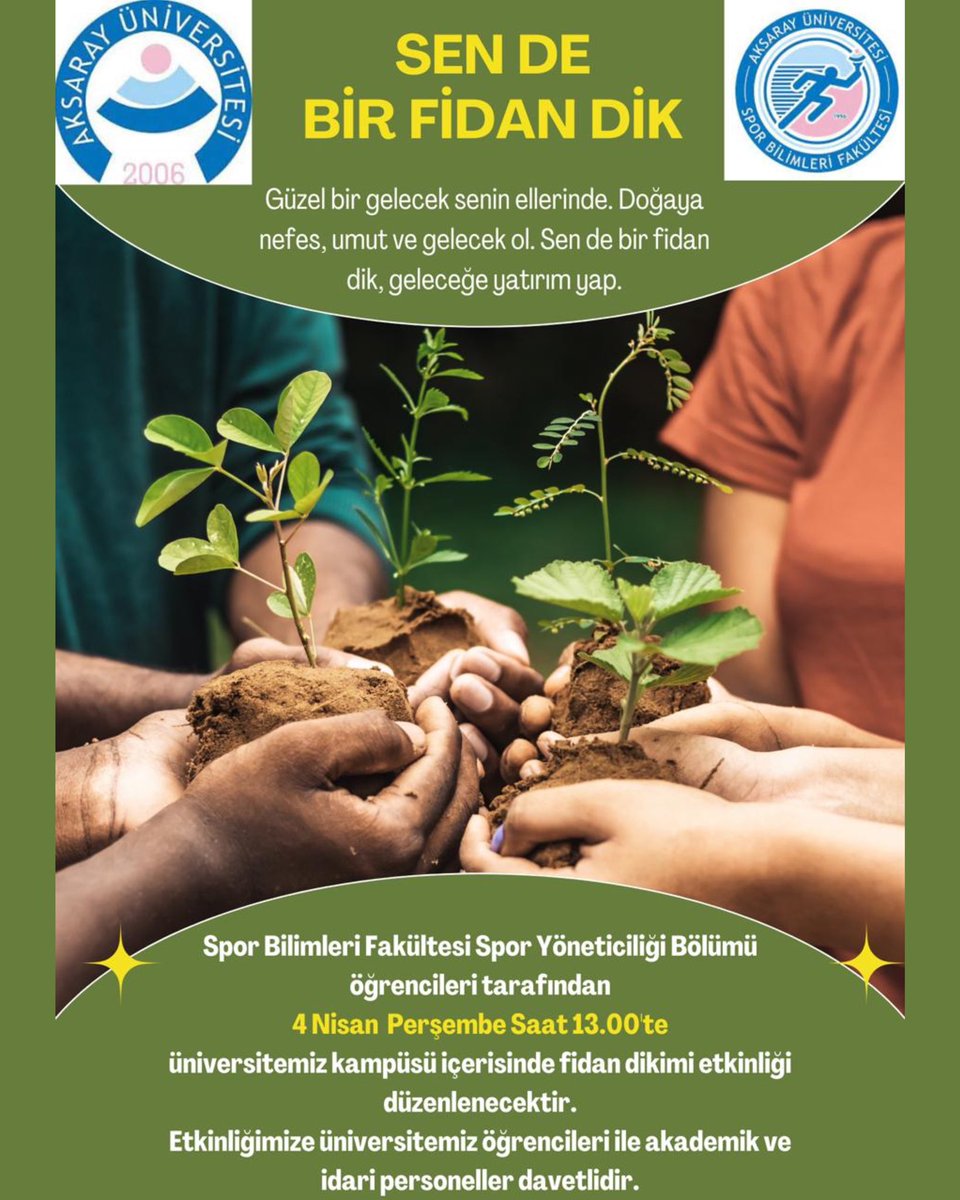 Spor Yöneticiliği Bölümü öğrencileri tarafından 4 Nisan Perşembe saat 13.00’te Üniversitemiz kampüsü içerisinde fidan dikimi etkinliği düzenlenecektir. Etkinliğimize Üniversitemiz öğrencileri ile akademik ve idari personeller davetlidir
<a href="/aksarayedutr/">Aksaray Üniversitesi</a> <a href="/profalpayaribas/">Prof. Dr. Alpay Arıbaş</a> <a href="/hunluhunlu/">Hüseyin Ünlü</a>