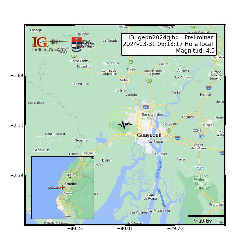 #SISMO ID:igepn2024gjhq Preliminar 2024-03-31 06:18:17 TL Magnitud: 4.5 Profundidad: 40 km, a 9.83 km de Guayaquil, Guayas, Latitud: -2.14 Longitud:-80.01 Ecuador. Sintió este sismo?