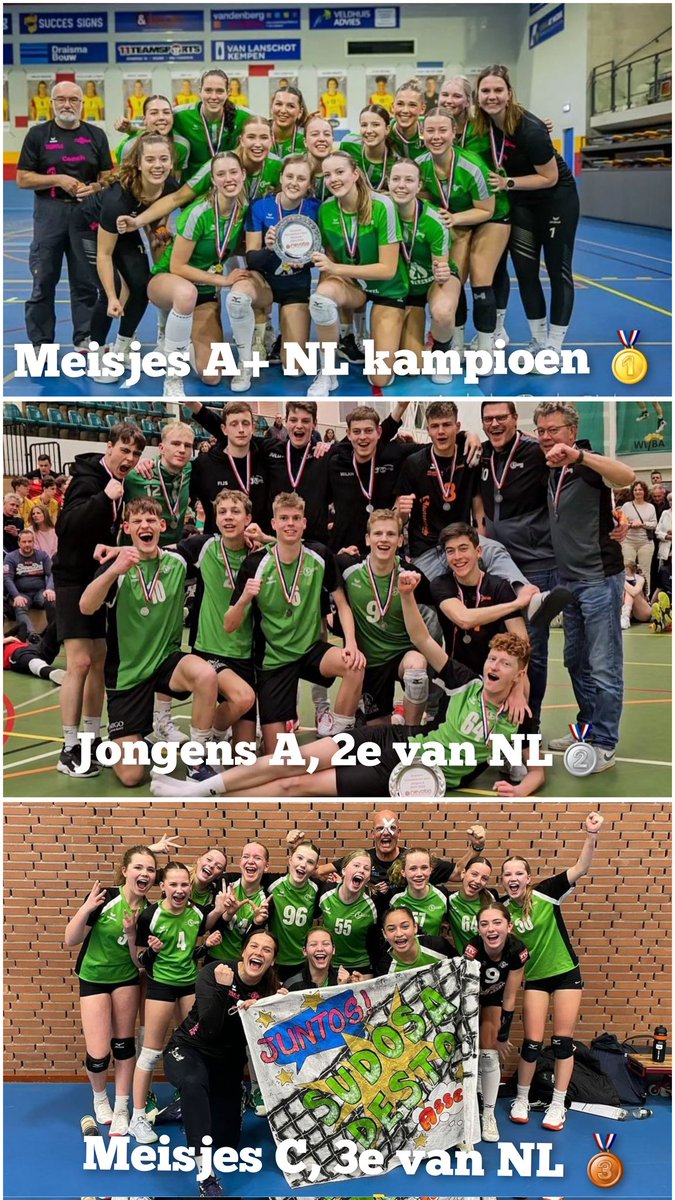 Gisteren hebben de @sudosadesto teams weer goed gepresteerd op de Nederlandse Open Jeugdkampioenschappen

Meisjes A+ -> NL kampioen 🏆🥇
Jongens A -> 2e van NL 🥈
Meisjes C -> 3e van NL 🥉
Meisjes A -> 4e van NL
JA+ is in de 1e pouleronde uitgeschakeld
#NOJK #volleybal #nevobo