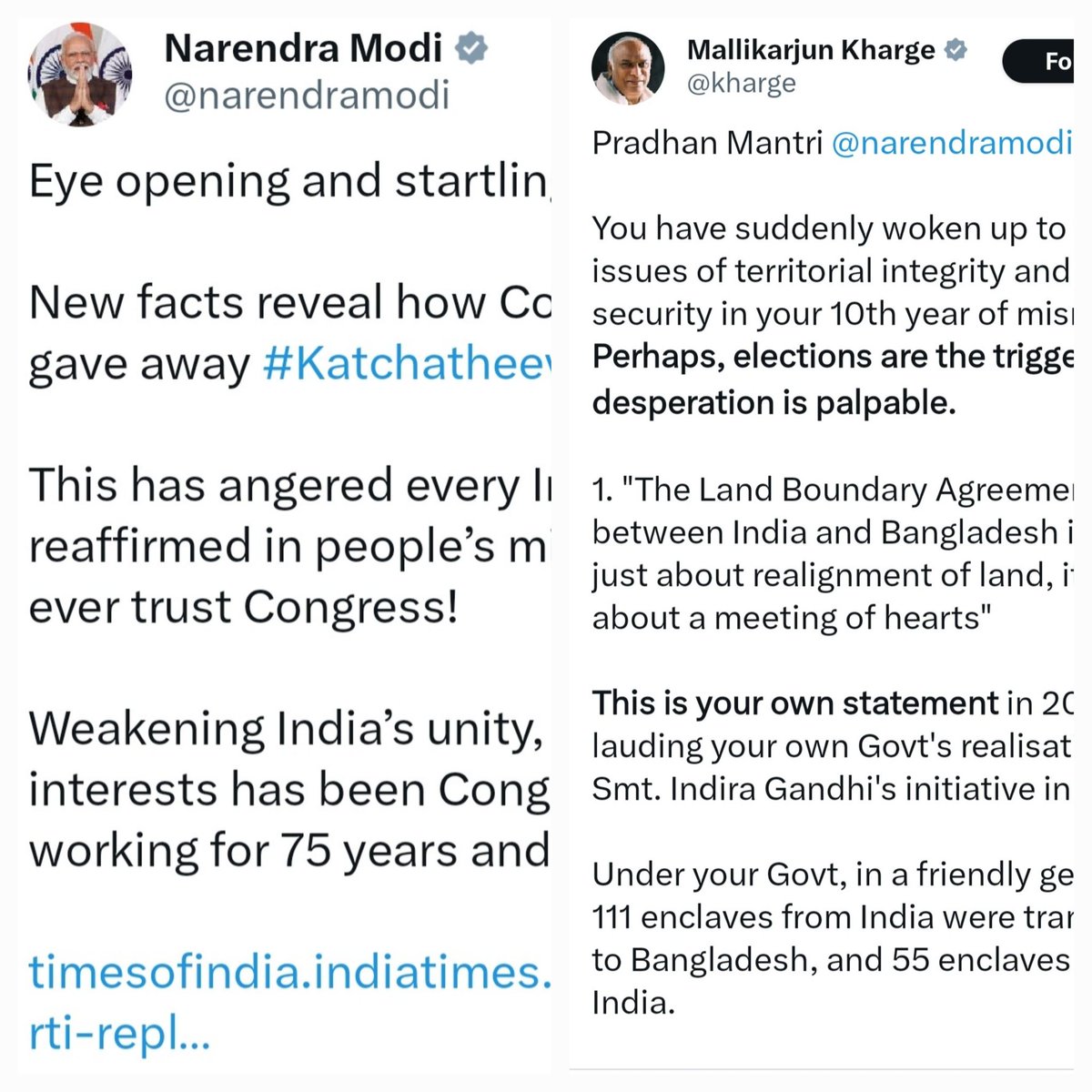 As PM raises 1974 ceding of Kachatheevu to Sri Lanka, Opposition responds by quoting PM while ceding land boundary enclaves to Bangladesh in 2015. Dangerous to bring bilateral agreements, esp those with neighbours, into electoral contention