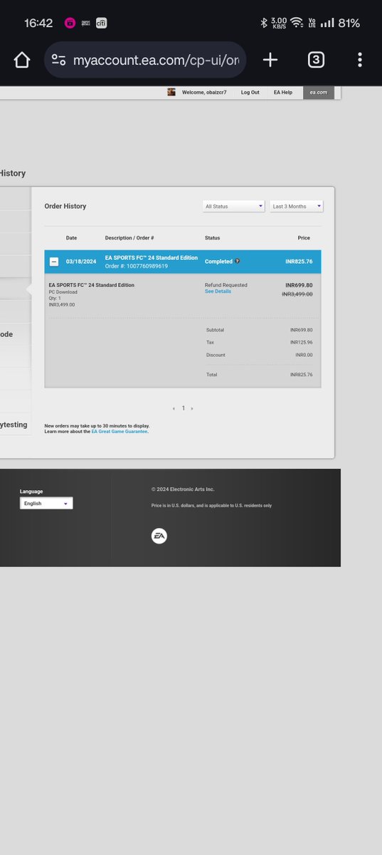 Obaiz_united's tweet photo. @EAHelp it's been more than 12 days and I am yet to receive the refund I had initiated for EAFC 24. This is unacceptable and goes against EA's promise. #EAFC24 #refund #poorgame #badservice #ea https://t.co/onhk1tYH16