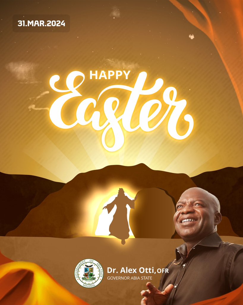 alexottiofr's tweet photo. “To Live the Ideals of the Risen Christ.”

Ụmụnne m Ndị Abia, I bring you warm Easter greetings in the name of the Risen Lord, Jesus Christ. His resurrection tells an evergreen story of redemption, renewal, and restoration. This Easter, let us embrace the lessons of hope, faith, and the power of belief.

To the Christian community in Abia and worldwide, congratulations on preparing through prayer, fasting, and almsgiving. May your faith be strengthened.

Our joy in Abia is boundless, as we see God’s faithfulness. We celebrate freedom and the future with optimism, and we are grateful for the redemption and liberation of our state.

Thank you to everyone for your immense support and for contributing to the building of a New Abia from yesterday’s ruins. This Easter, we open our arms to visitors and those looking to invest and help build our collective dream.

Our commitment is to the welfare of Abians, improving infrastructure, healthcare, security, and ensuring prompt payment of salaries and pensions. We have made significant strides and promised continuous support to our communities.

As we celebrate Easter, let us remember the ultimate sacrifice of Christ for humanity. Let us dedicate ourselves to improving the lives of those around us.

Happy Easter to all of us.
