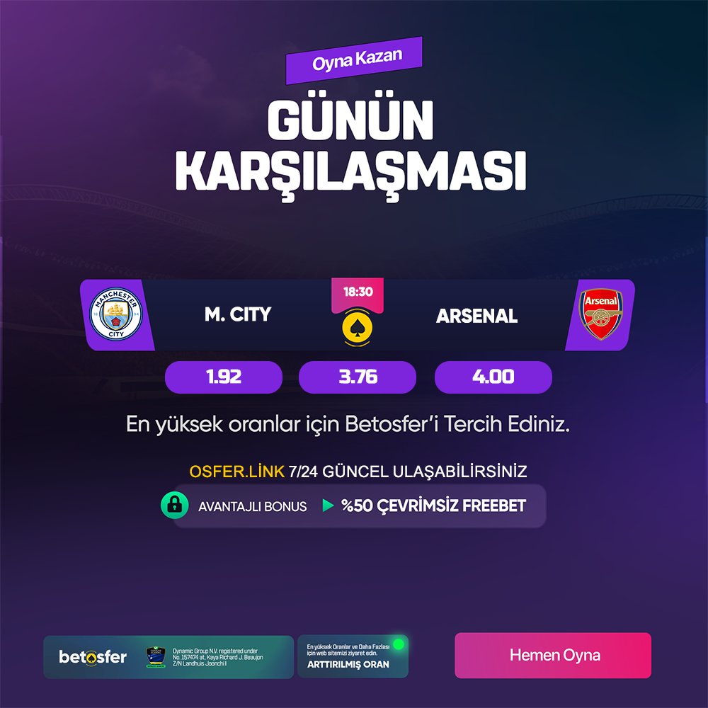 ⚽ Günün favori karşılaşmaları en yüksek oranlar ve avantajlı bonuslarla #Betosfer'de!

⏰18:30
🏟 #ManCity - #Arsenal

🏆Uluslararası Lisans Güvencesiyle özgürce oynayın

📺Kesintisiz maç keyfini arttırılmış oranlarla Betosferde yaşayın

🌍 bit.ly/Betosferadres